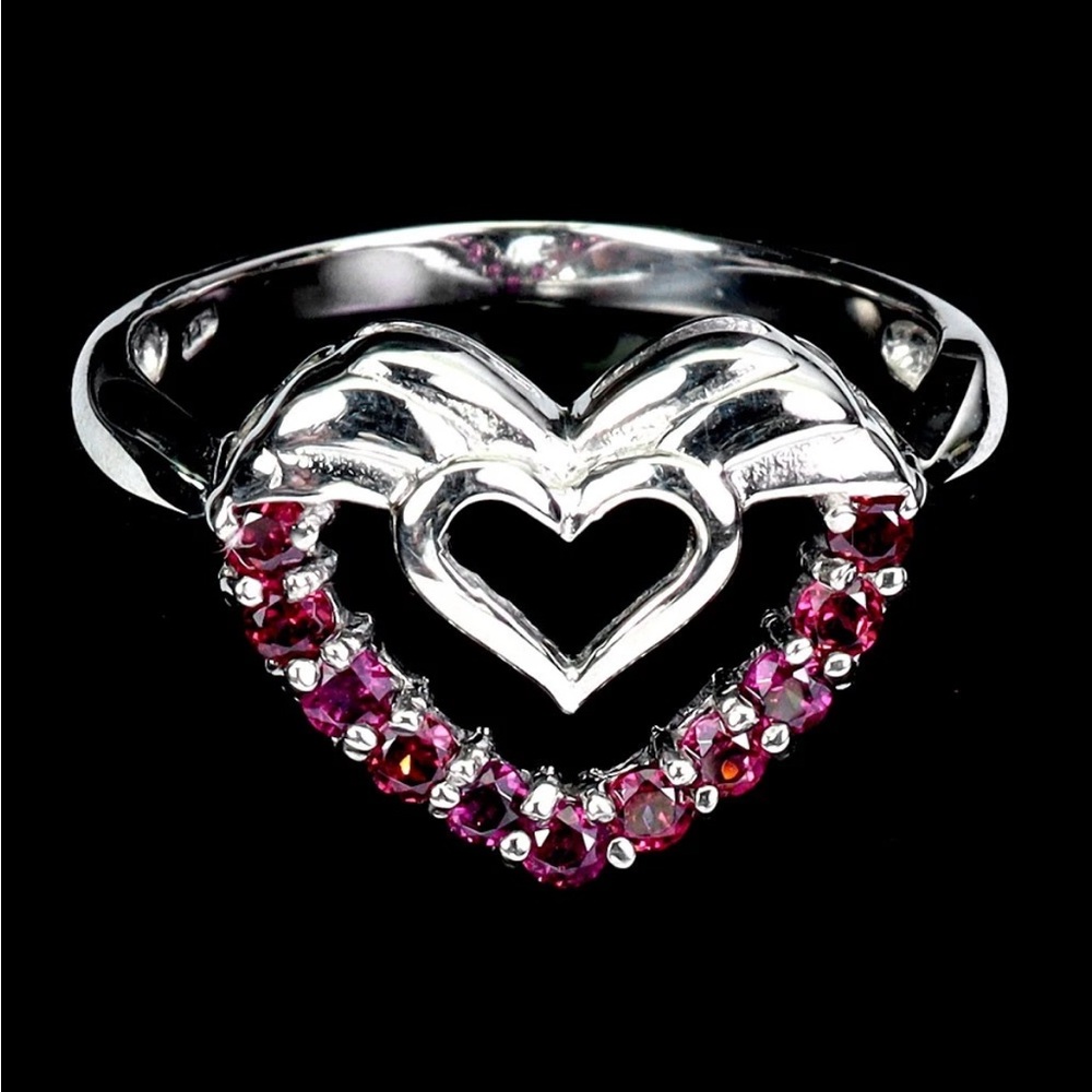 925 Heart Ring with Rhodolite Natural Gemstone. Size 9